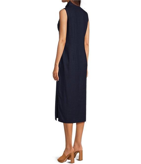 SAIL to SABLE Linen Blend Stand Collar Button Front Detail Sleeveless Side Slit Midi Shirt Dress Product Image