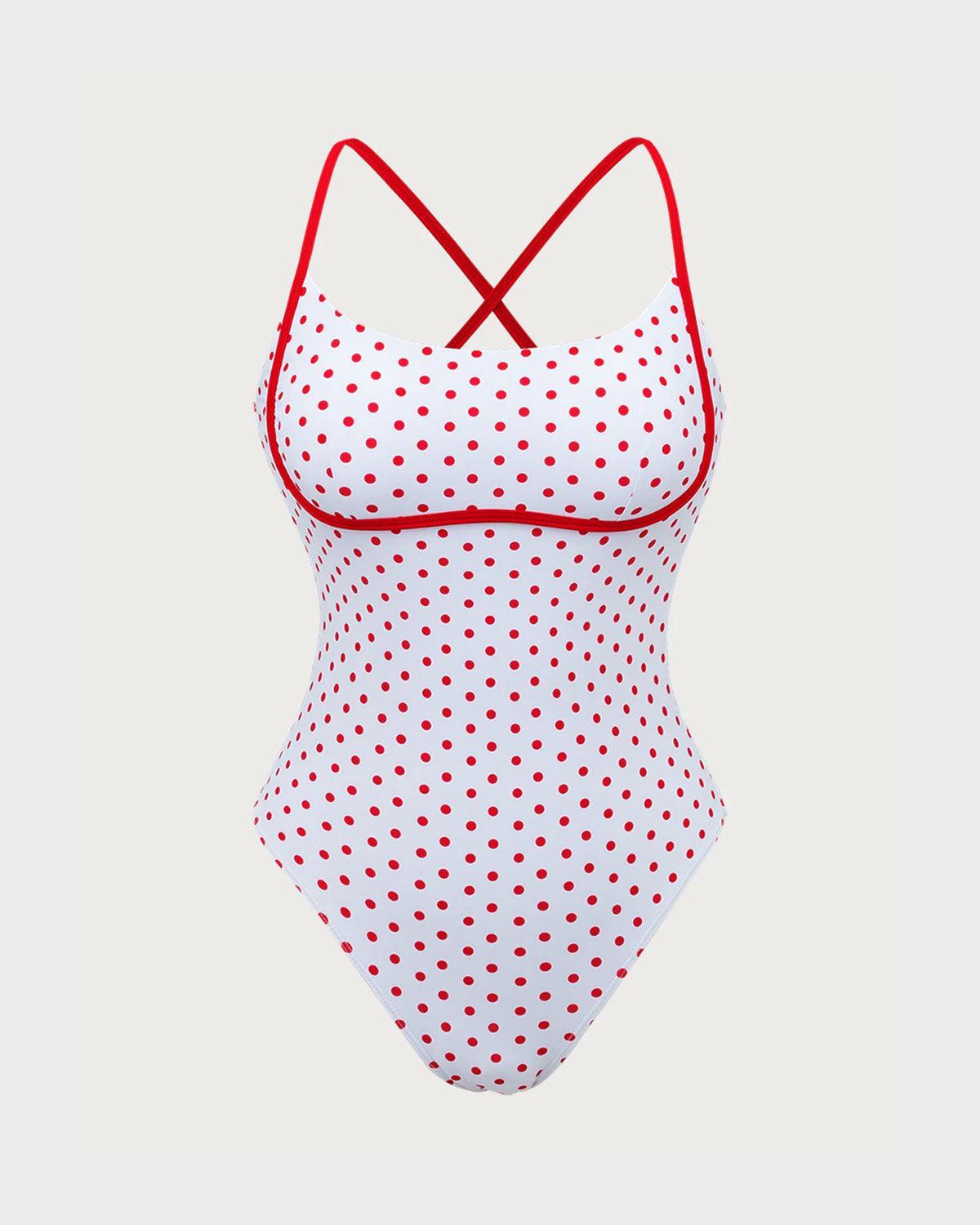 Red Contrast Polka Dot One-Piece Swimsuit Product Image