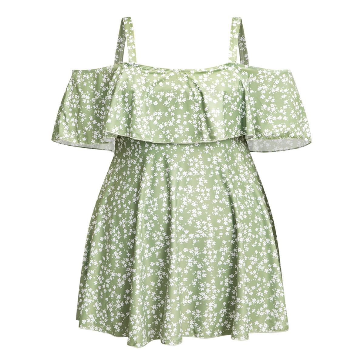Plus Size Ditsy Floral Cold Shoulder Sculpt Waist Ruffles Swim Dress Women's Swimwear Mint Beach Bodycon One-shoulder neck High stretch Curve Swim Dresses BloomChic 22-24/3X Product Image