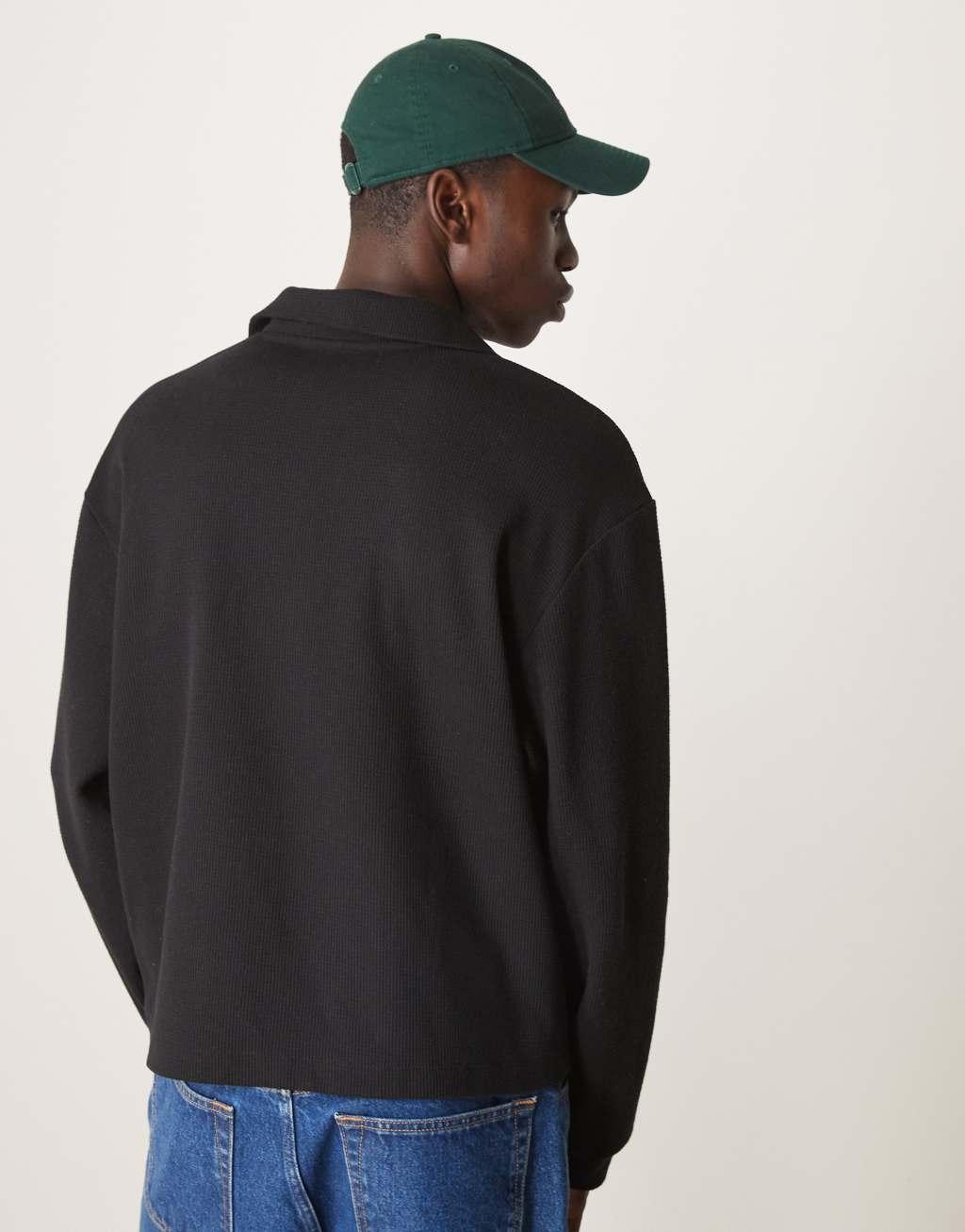 ASOS DESIGN oversized dropped shoulder boxy brushed waffle funnel neck sweatshirt in black Product Image