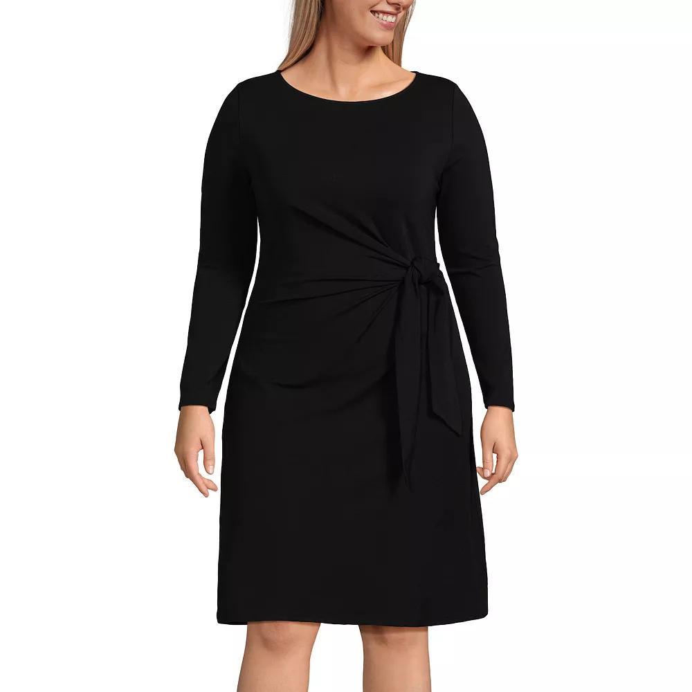 Plus Size Lands' End Jersey Boatneck Tie-Waist Long Sleeve Dress, Women's, Size: 1XL, Black Product Image