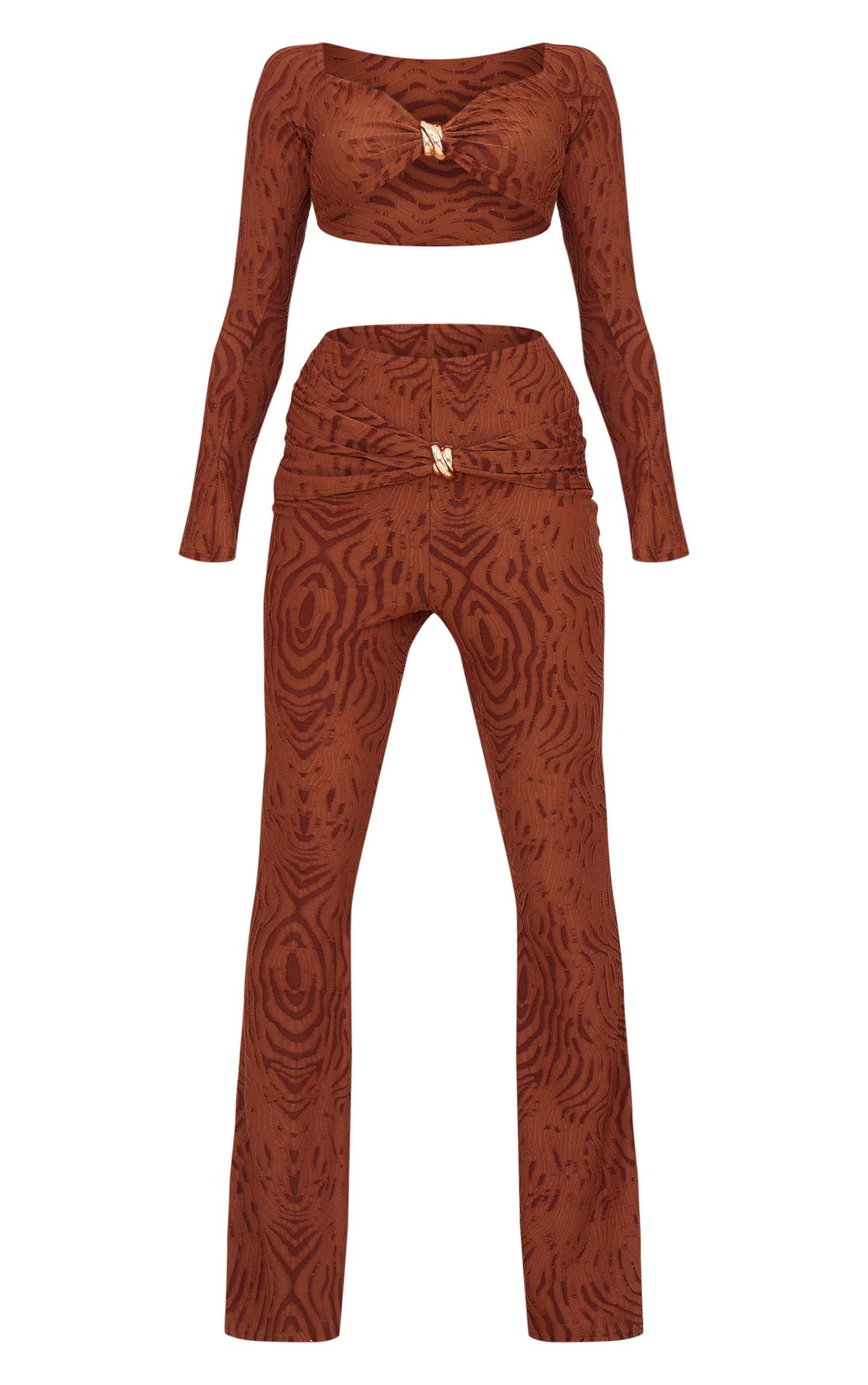 Chocolate Devore Long Sleeve Trim Cut Out Detail Jumpsuit Product Image