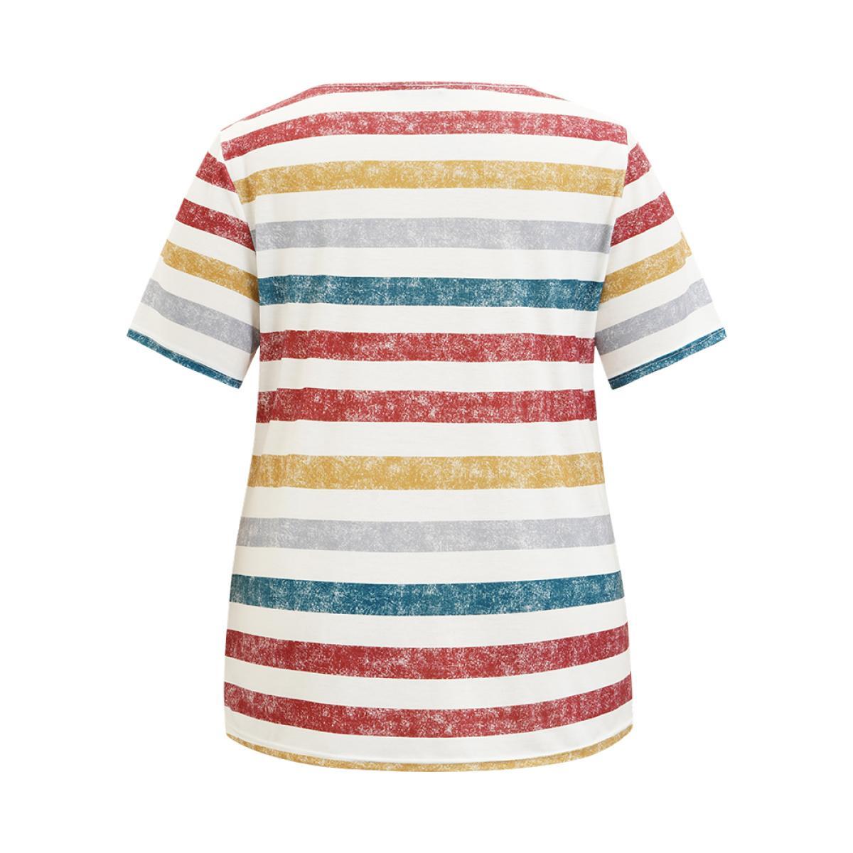 Plus Size Striped Contrast V Neck T-shirt Multicolor Women Casual Striped V-neck Everyday T-shirts BloomChic 22-24/3X Product Image