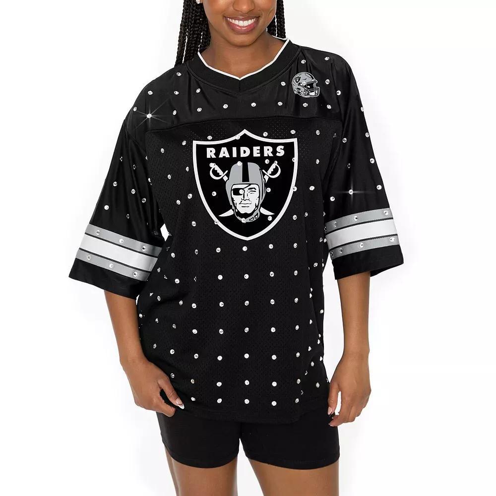 Women's Gameday Couture Black Las Vegas Raiders Kickoff Time Allover Rhinestone Sports Stripe Jersey V-Neck T-Shirt, Size: XS, Lvr Black Product Image