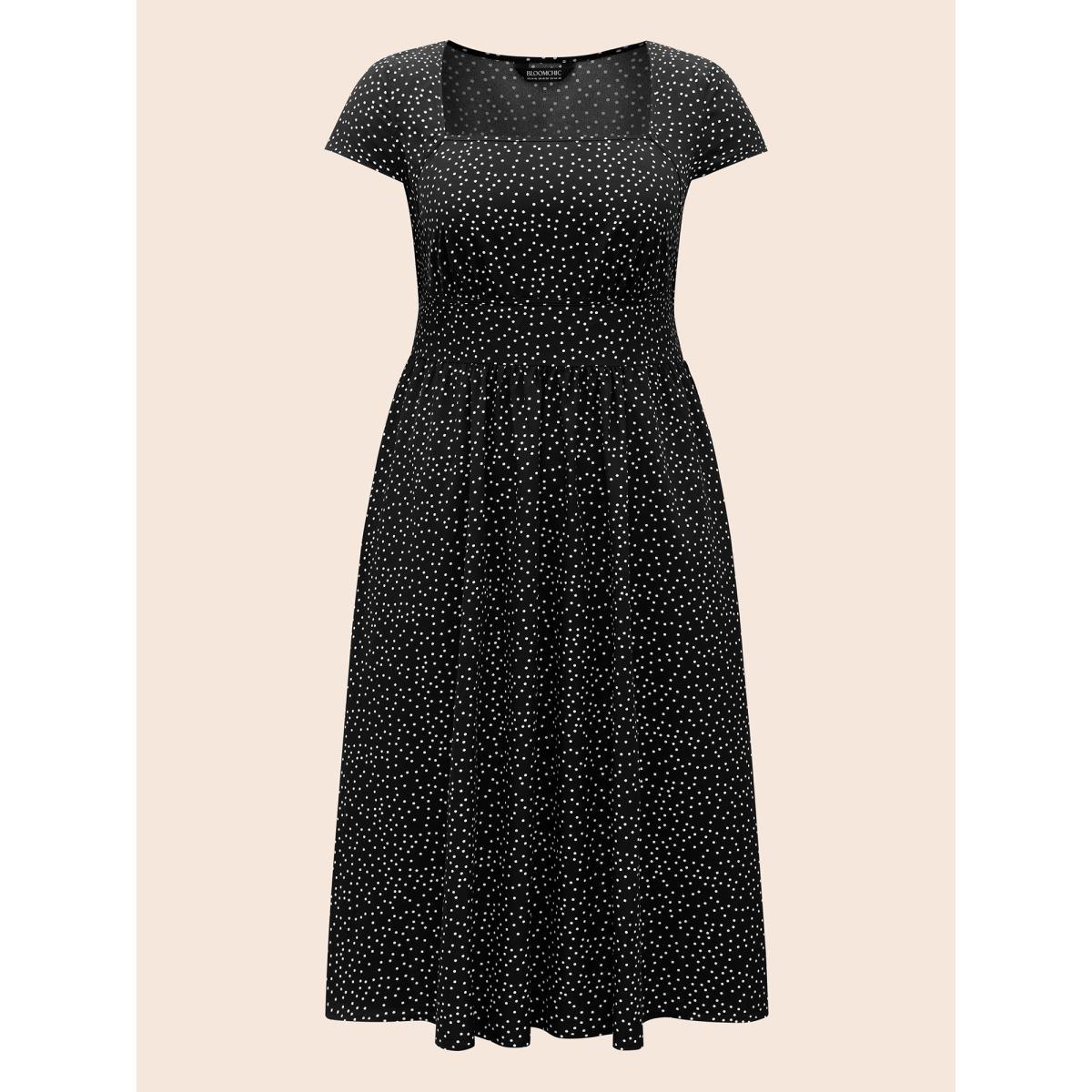Plus Size Square Neck Polka Dot Shirred Midi Dress Black Women Elegant Shirred Square Neck Cap Sleeve Curvy BloomChic 14-16/1X Product Image