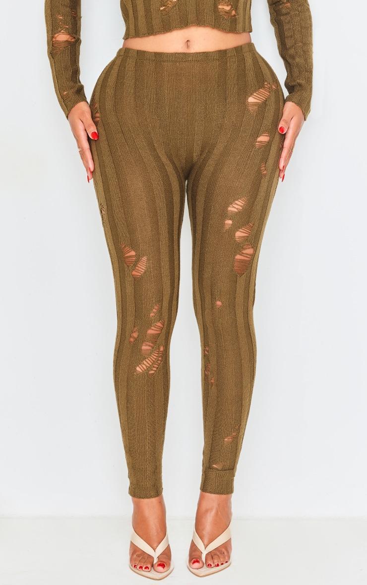 Shape Khaki Distress Ribbed Knitted Pants Product Image