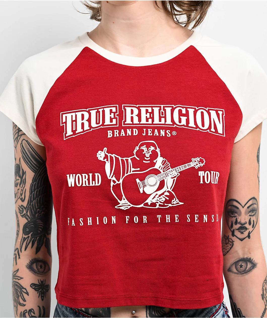 True Religion Buddha Logo Ringer Raglan Red Crop T-Shirt Product Image