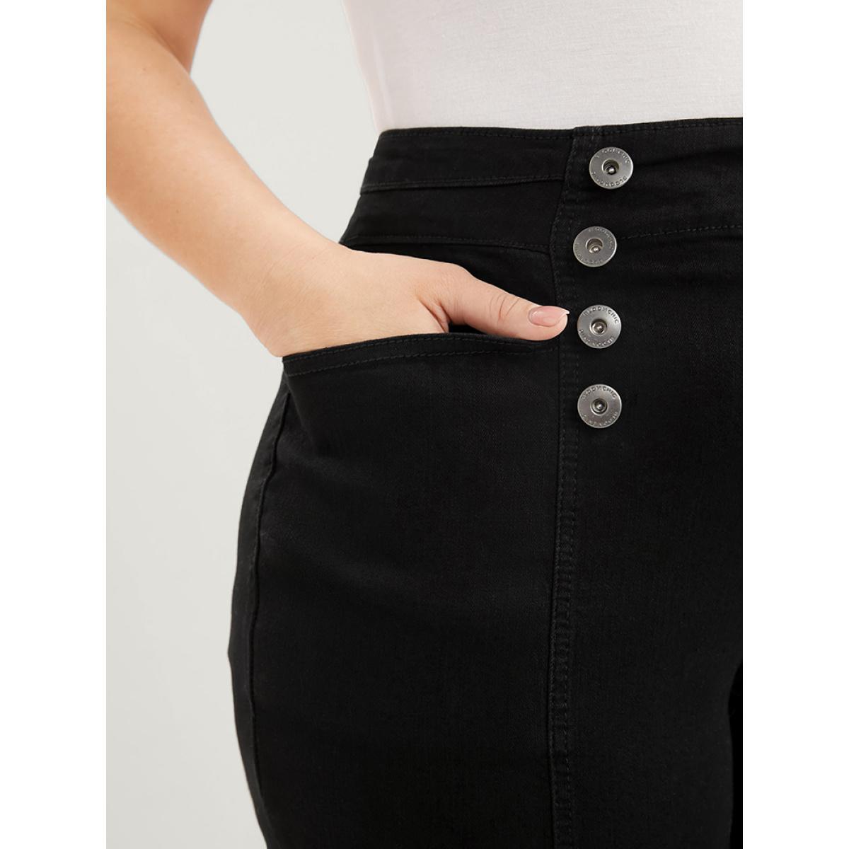 Plus Size Skinny Slightly Stretchy High Rise Black Wash Button Detail Pocket Jeans Women Black Casual Plain Plain Low stretch Pocket Jeans BloomChic 16/1X Product Image