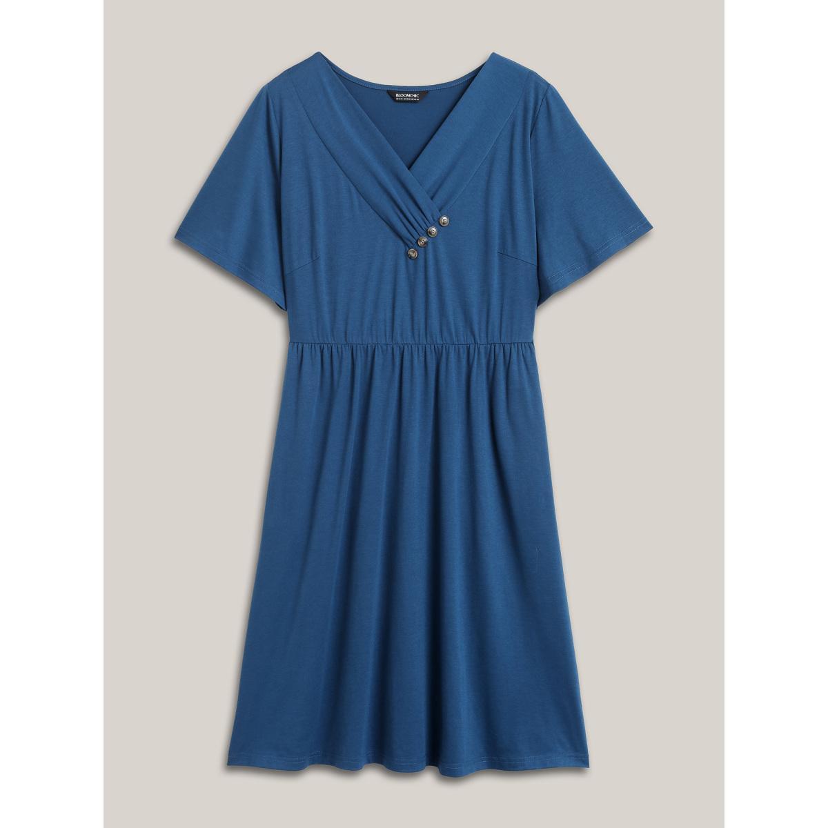 Plus Size Button Detail Pleated Pockets Midi Dress Mediumblue Women Casual Gathered V-neck Short sleeve Curvy BloomChic 18-20/2X Product Image