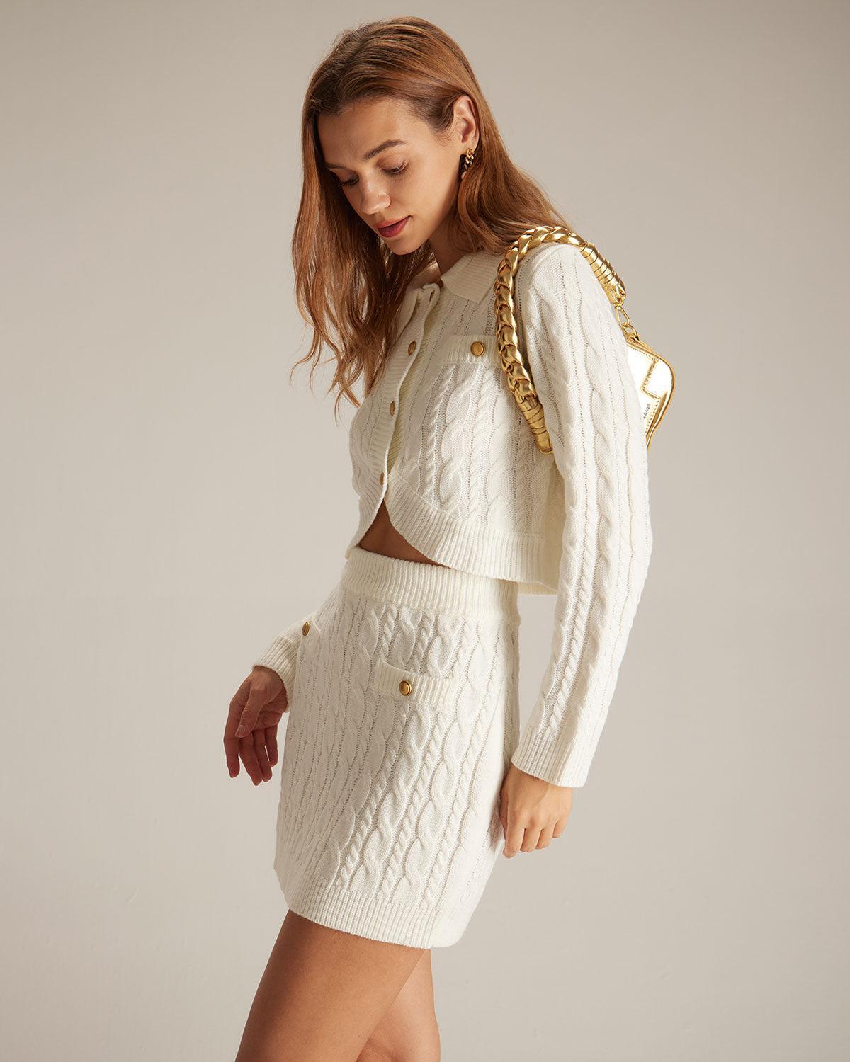 The White Elastic Waist Button Cable Mini Skirt Product Image