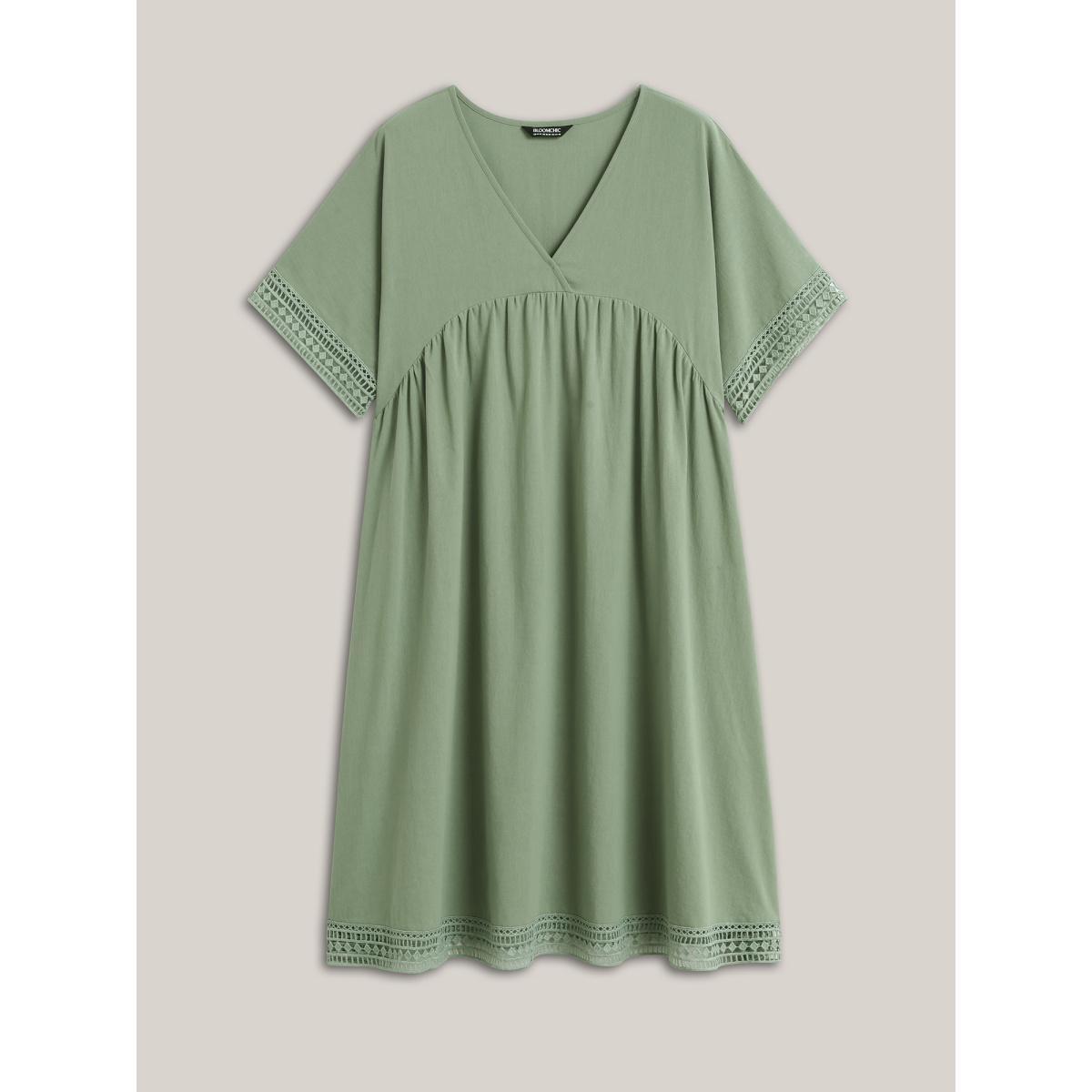 Plus Size Pure Cotton Lace Trim Sleeve Midi Dress Sage Women V-neck Short sleeve Curvy BloomChic 18-20/2X Product Image