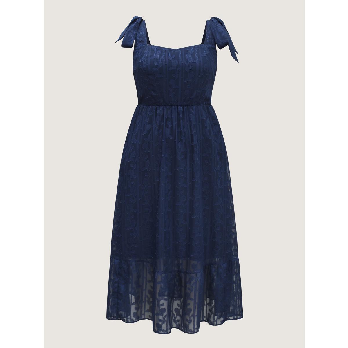 Plus Size Textured Shoulder Tie Cami Midi Dress DarkBlue Women Heart neckline Sleeveless Curvy BloomChic 22-24/3X Product Image