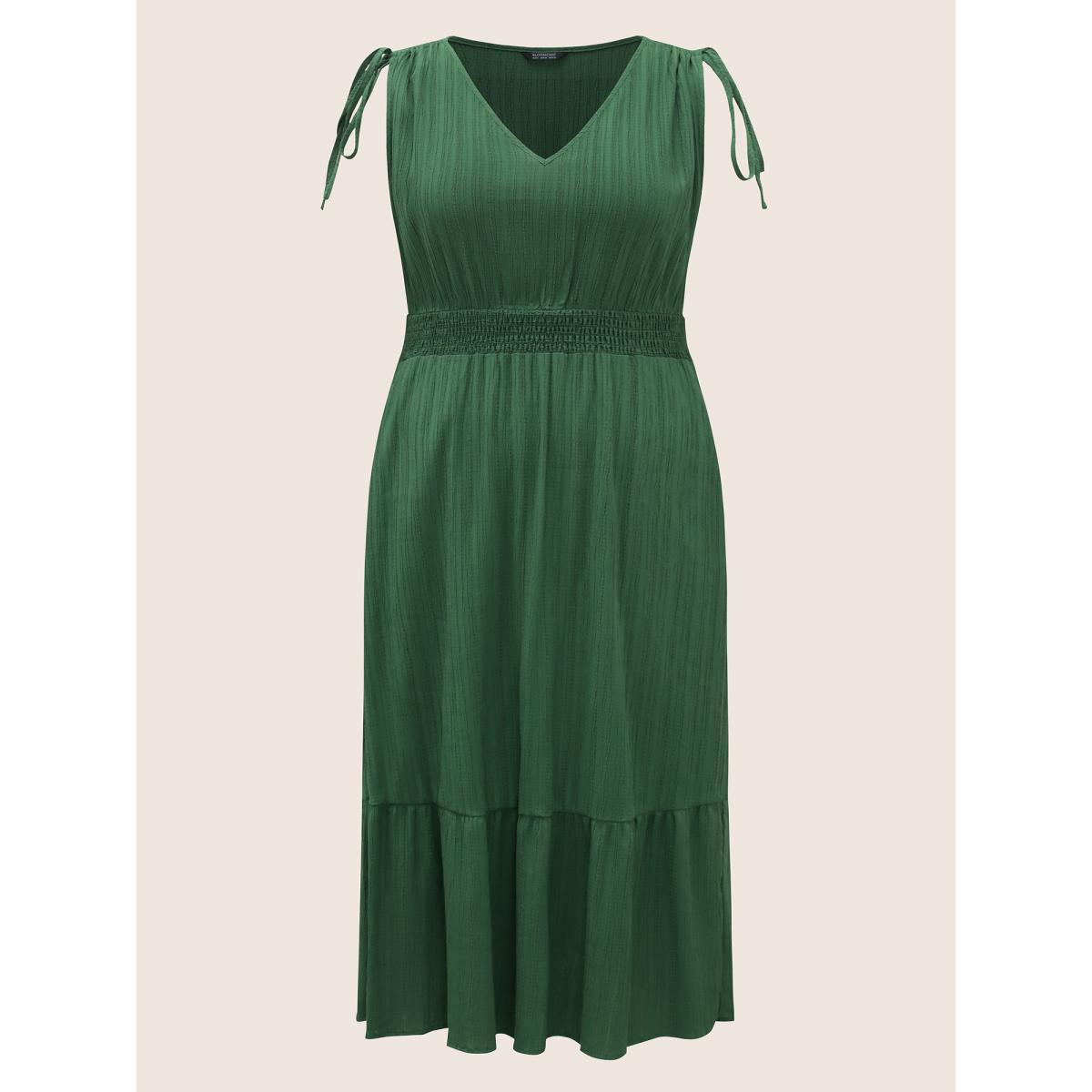 Plus Size Solid Texture Shirred Drawstring sleeve Dress DarkGreen Women Elegant Texture V-neck Cap Sleeve Curvy Midi Dress BloomChic 30/6X Product Image
