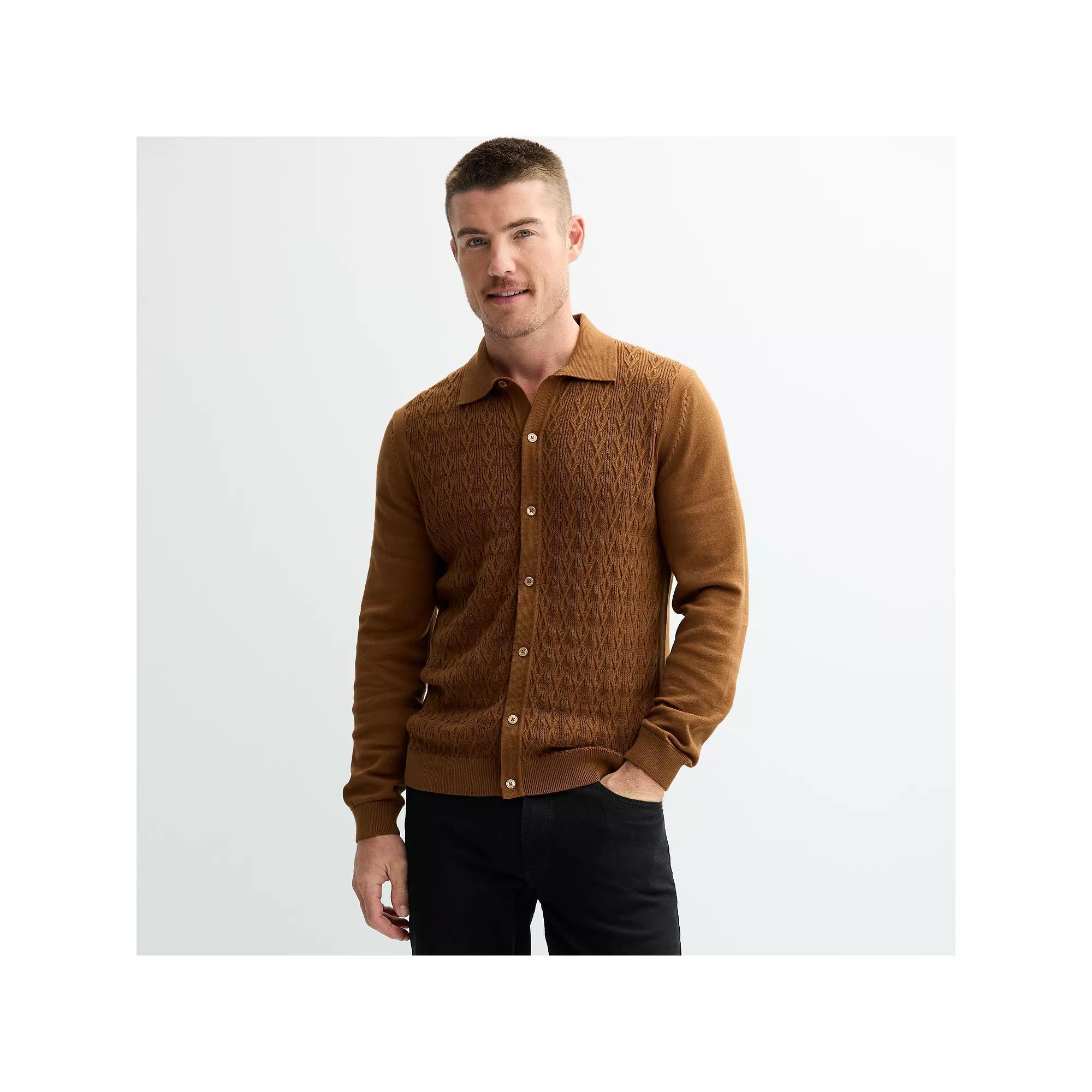 Men's Apt. 9® Long Sleeve Button-Up Cable Knit Design Sweater Polo, Size: XXL, Medium Brown Product Image