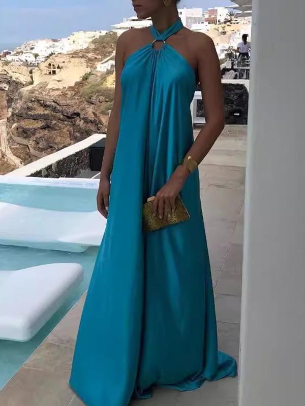 A-Line Loose Backless Solid Color Tied Halter-Neck Maxi Dresses Product Image