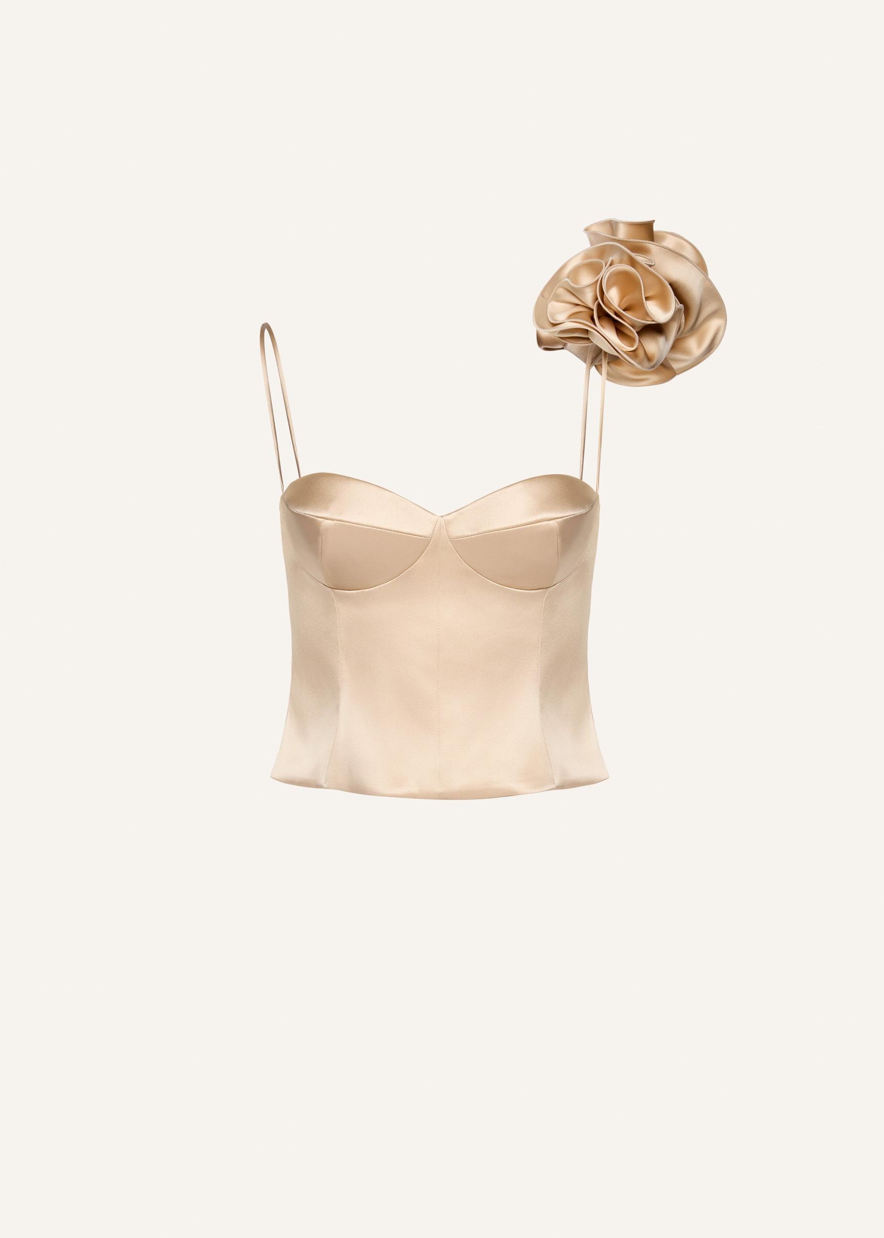 Flower appliqué silk tank in beige Product Image
