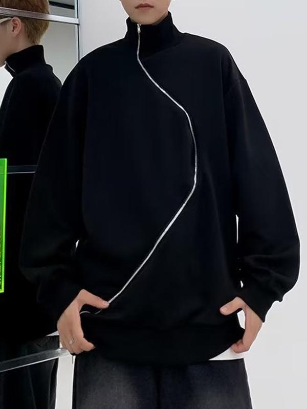 Men's Asymmetric Slant Zipper Mock Neck Sweatshirt Product Image