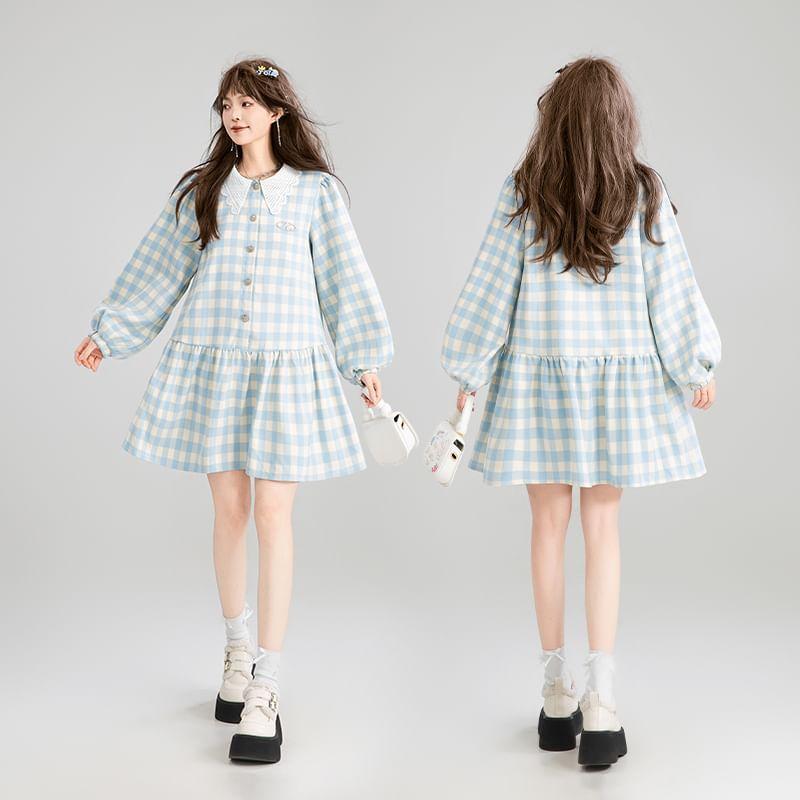 Long Sleeve Lace Collar Plaid Button Mini A-Line Dress Product Image