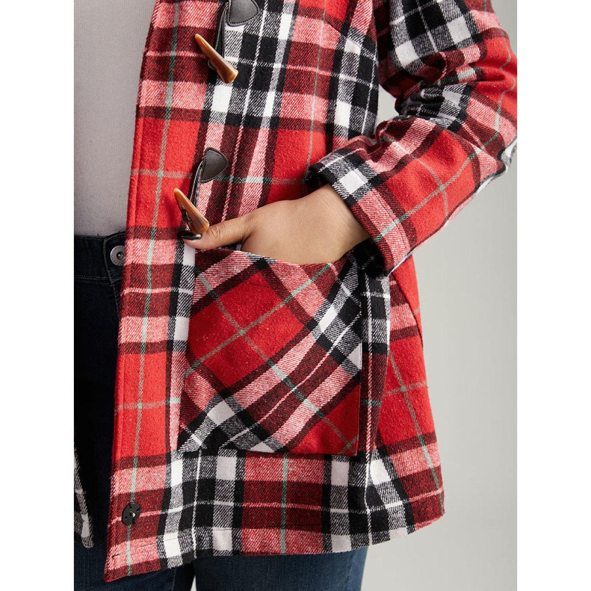 Plus Size Plaid Hooded Pocket Duffle Button Coat Women Crimson Casual Contrast Ladies Dailywear Winter Coats BloomChic 10/M Product Image