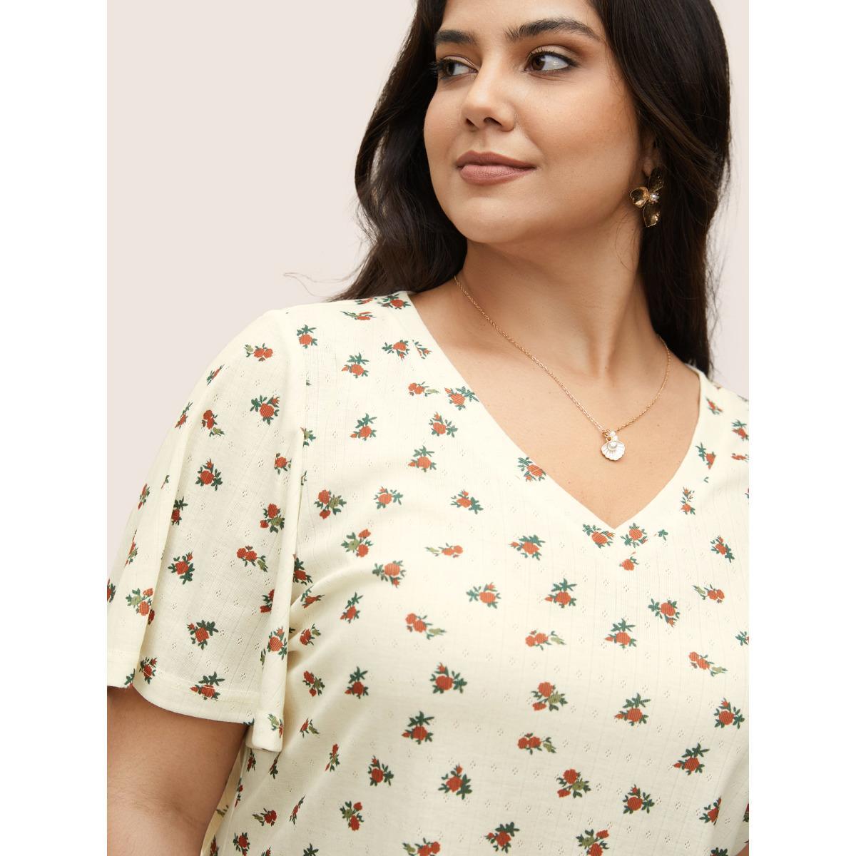 Plus Size Natural Flowers V Neck Flutter Sleeve T-shirt Beige Women Elegant Contrast Natural Flowers V-neck Everyday T-shirts BloomChic 30/6X Product Image