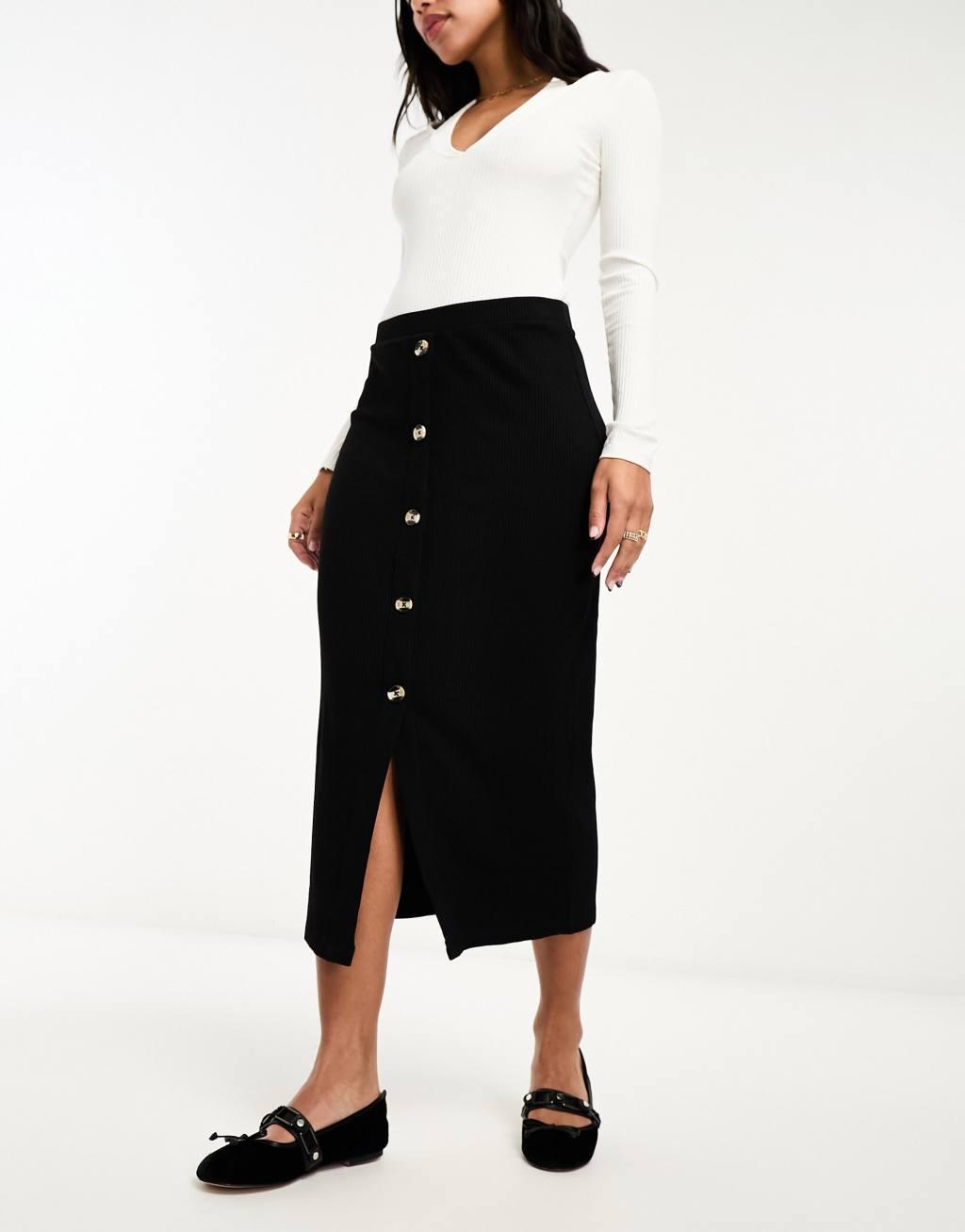 ASOS DESIGN ribbed midi skirt with horn buttons Product Image