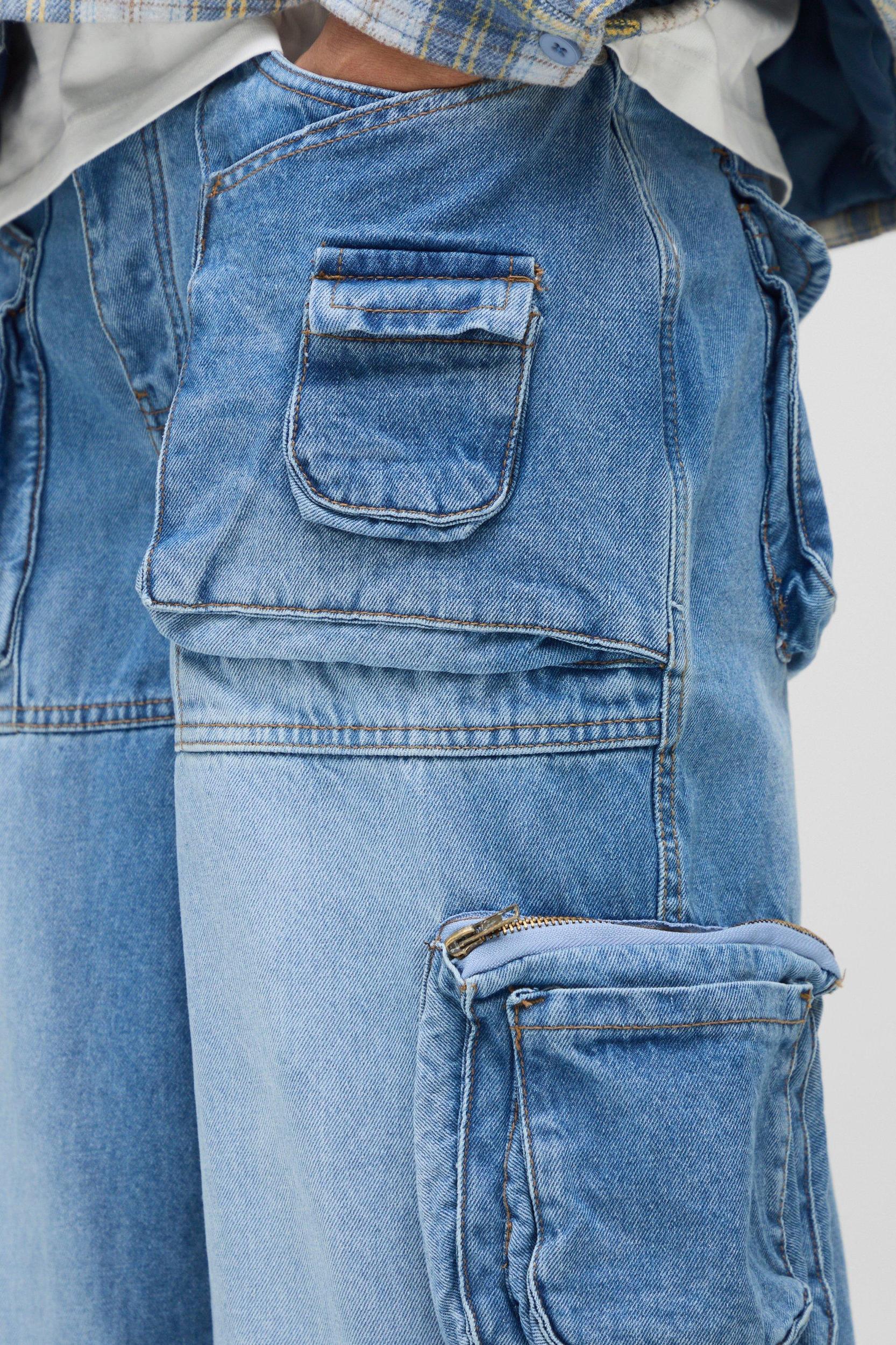 Baggy Rigid Multi Pocket Cargo Strap Denim Jean In Light Blue | boohooMAN USA Product Image