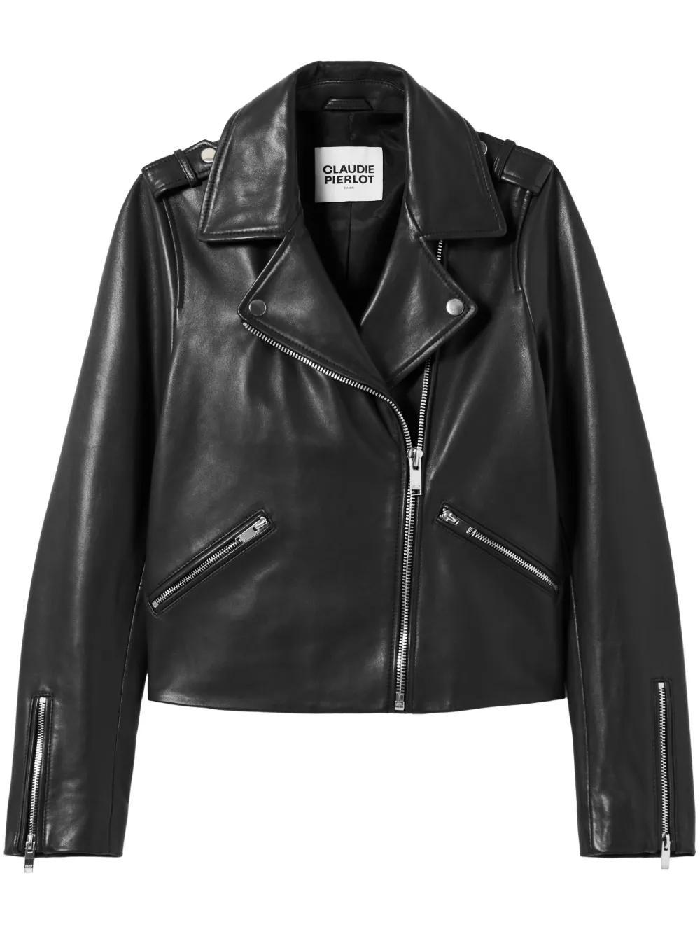 zipped leather biker jacket Product Image
