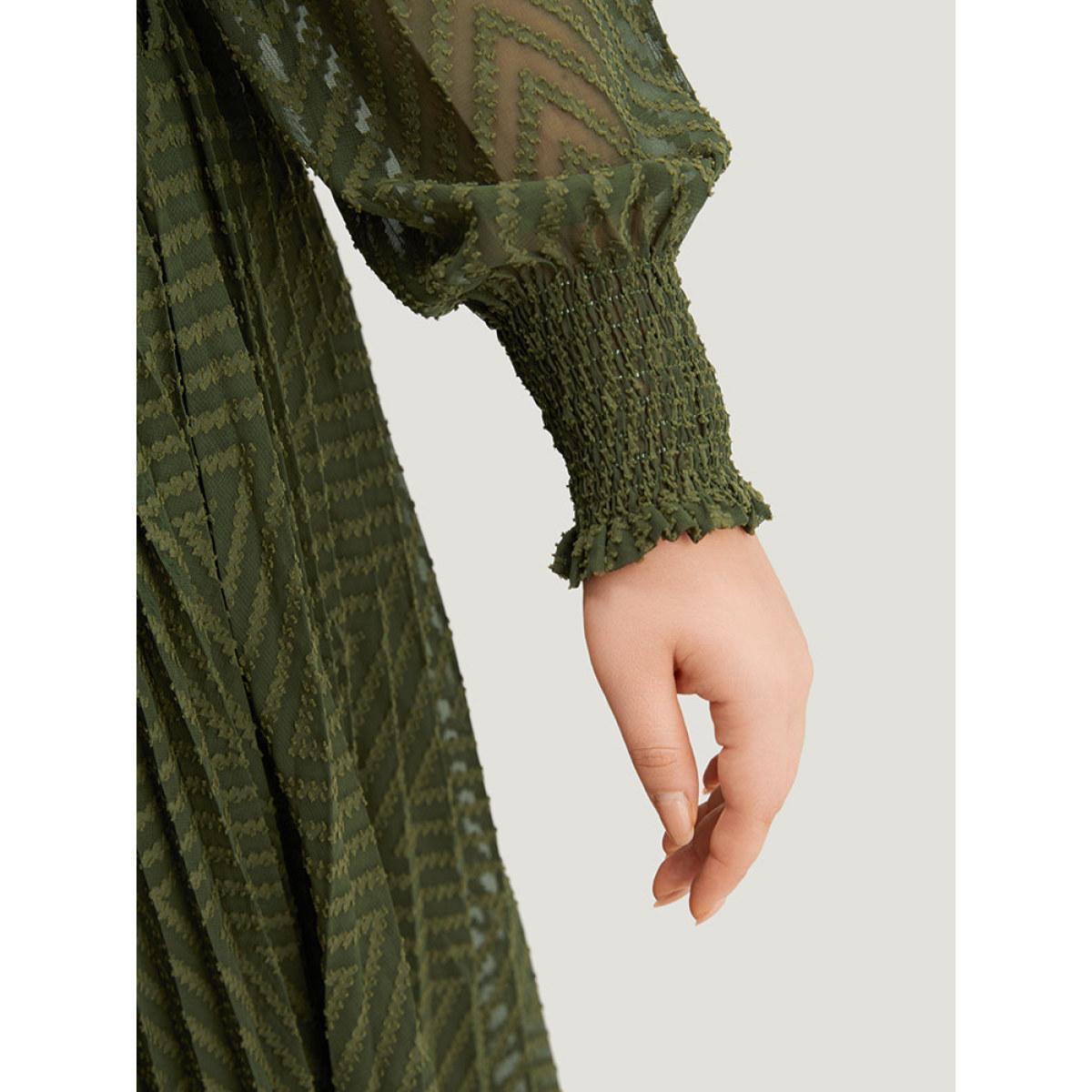 Plus Size Shirred Belted Pocket Shirt Collar Button Through Dress ArmyGreen Women Office Elastic cuffs Shirt collar Long Sleeve Curvy Midi Dress BloomChic 28/5X Product Image