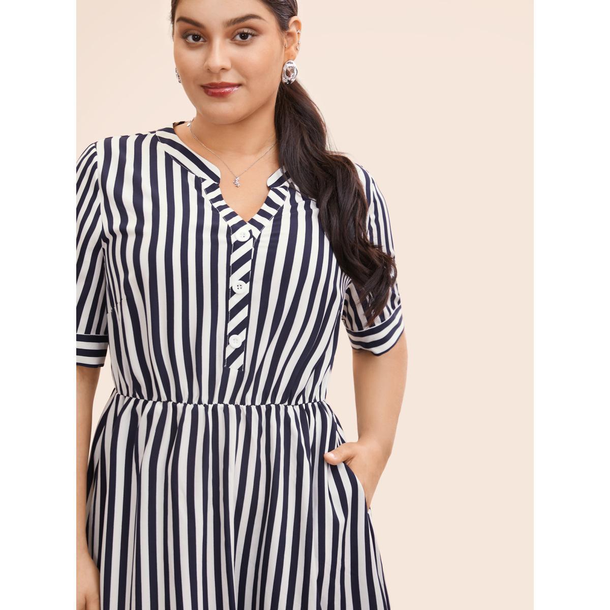 Plus Size Striped Notched Button Detail Midi Dress Navy Women At the Office Button Flat collar with V-notch Half Sleeve Curvy BloomChic 10/M Product Image