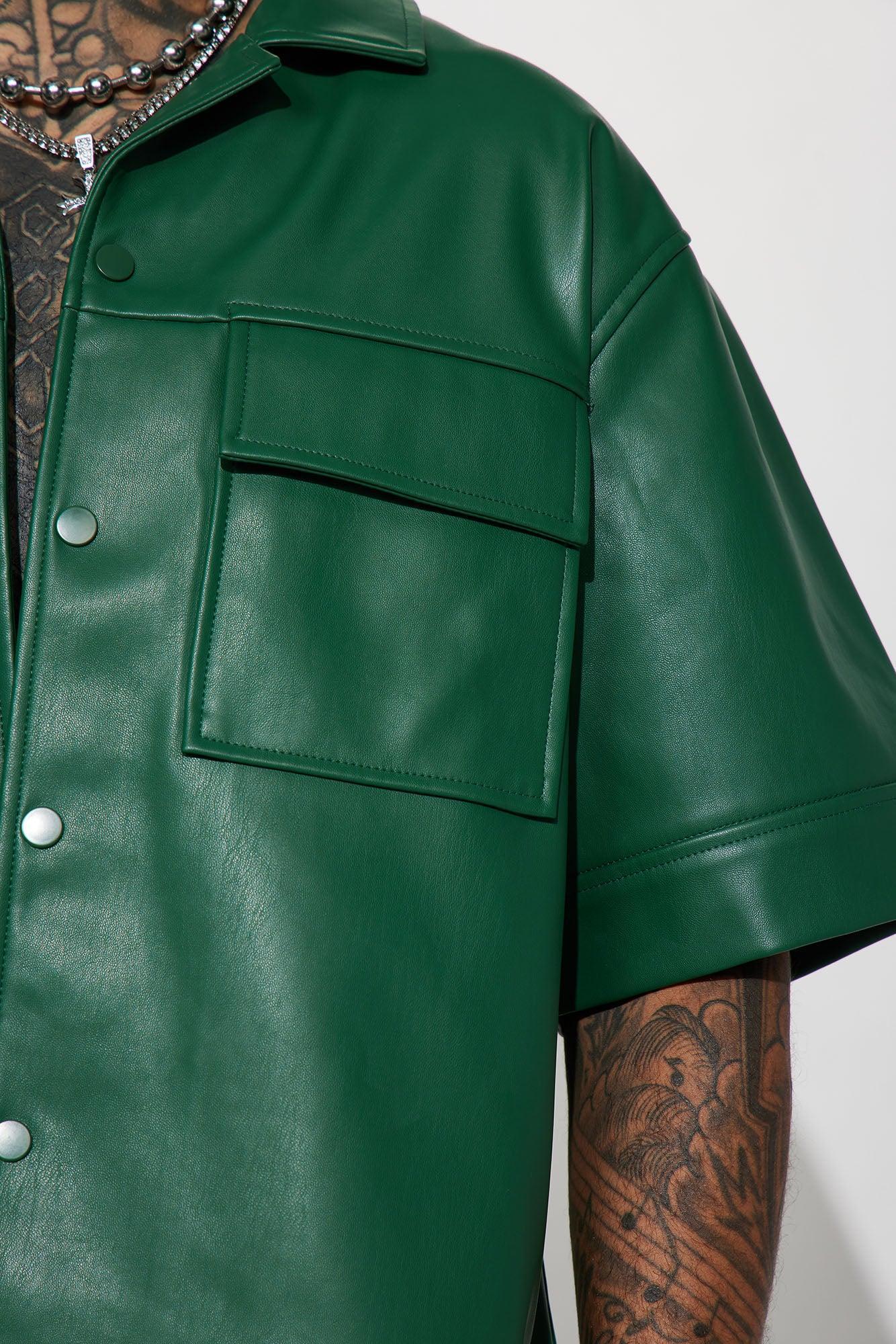 Cropped High Stepper Faux Leather Button Up Shirt - Hunter Product Image