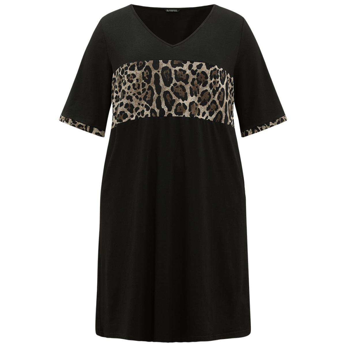 Plus Size Supersoft Essentials Leopard Print Patchwork Pocket V Neck Dress Black Women Casual Plain V-neck Short sleeve Curvy Midi Dress BloomChic 22-24/3X Product Image