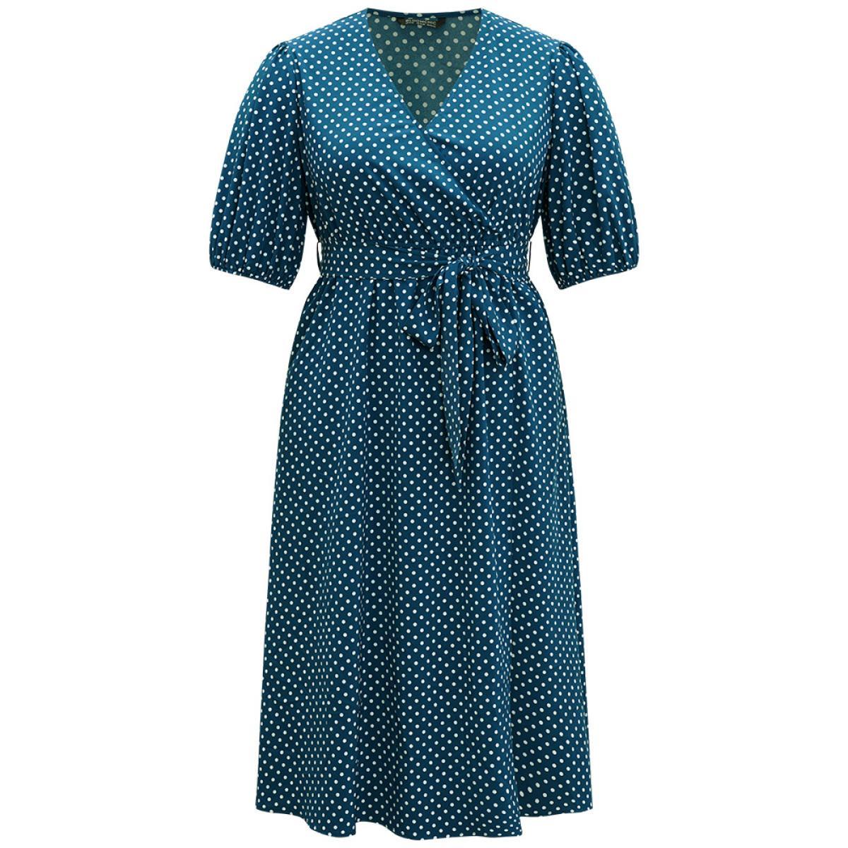 Plus Size Polka Dot Belted Lantern Sleeve Surplice Neck Dress Aegean Women Office Elastic cuffs V-neck Short sleeve Curvy Midi Dress BloomChic 28/5X Product Image