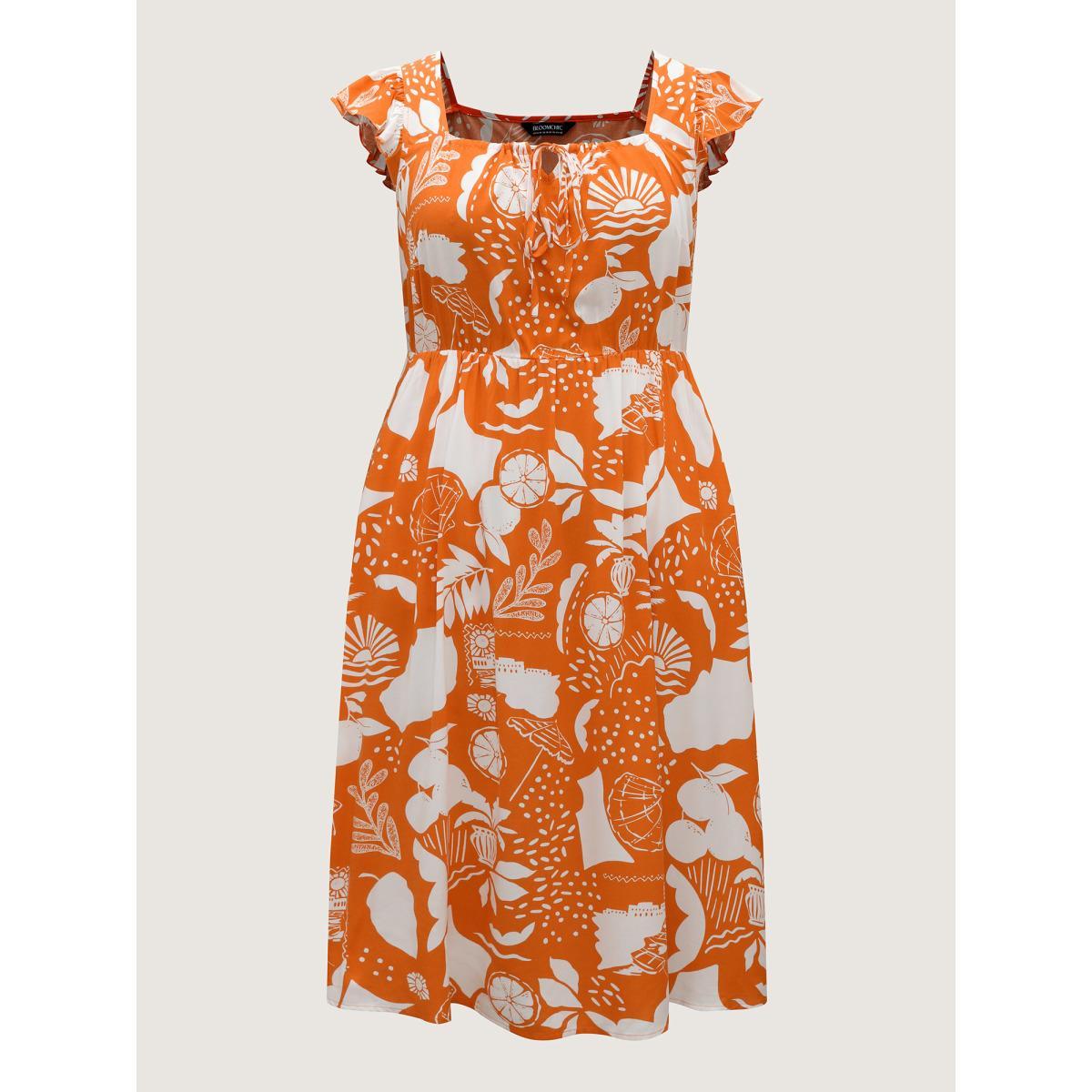 Plus Size Rayon Fruity Floral Neck Tie Midi Dress Coral Women Square Neck Cap Sleeve Curvy BloomChic 22-24/3X Product Image