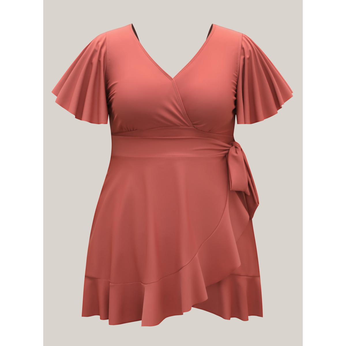 Plus Size Side Tie Ruffled Tiered Swim Dress Women's Swimwear Rust Beach Bodycon Overlap Collar High stretch Curve Swim Dresses BloomChic 14-16/1X Product Image