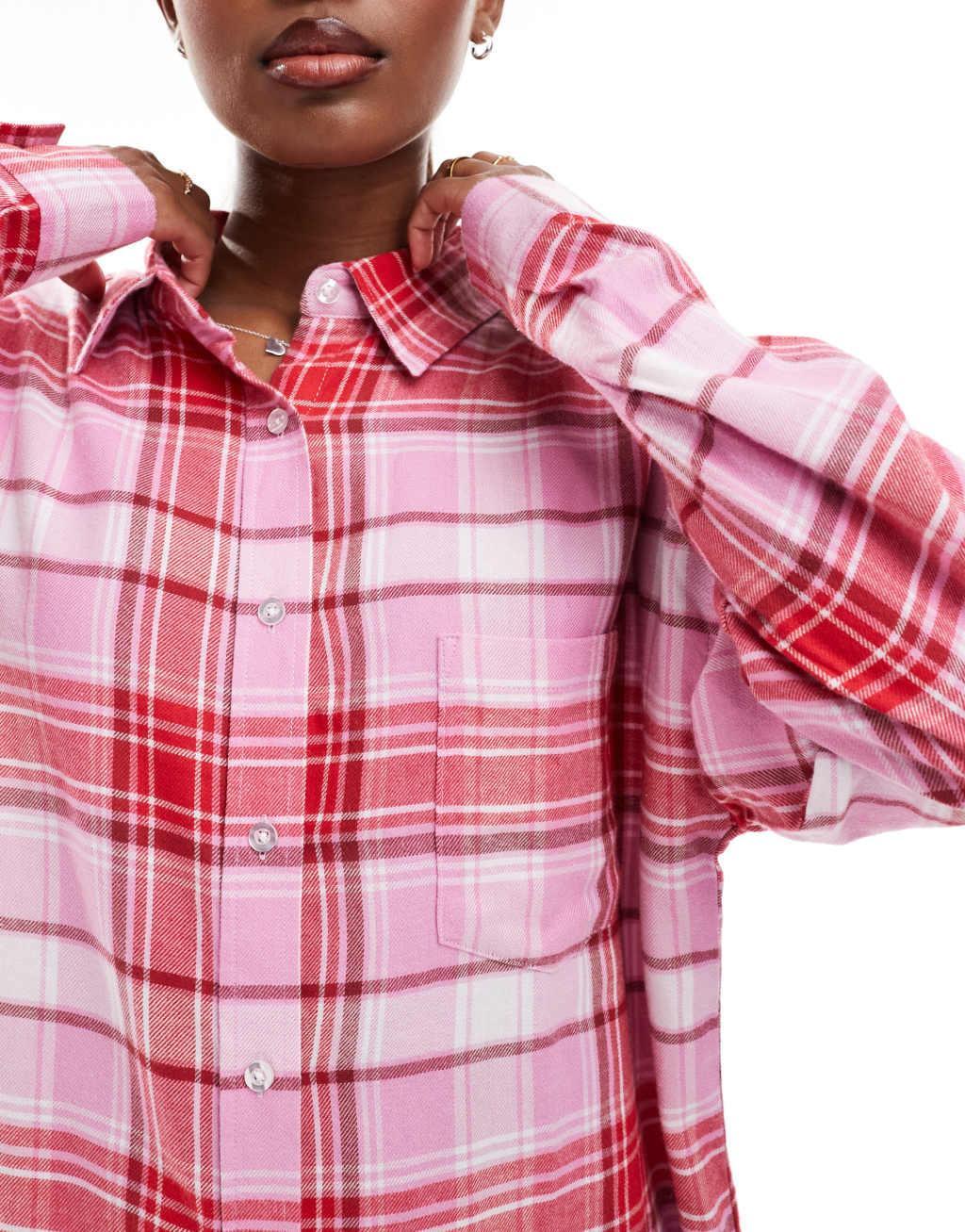 Cotton On relaxed flannel pajama shirt in pink red plaid Product Image