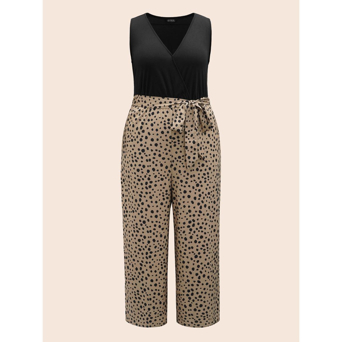 Plus Size LightBrown Spliced Belted Pockets Contrast Jumpsuit Women Elegant Sleeveless Overlap Collar Everyday-Elegant Loose Jumpsuits BloomChic 14-16/1X Product Image