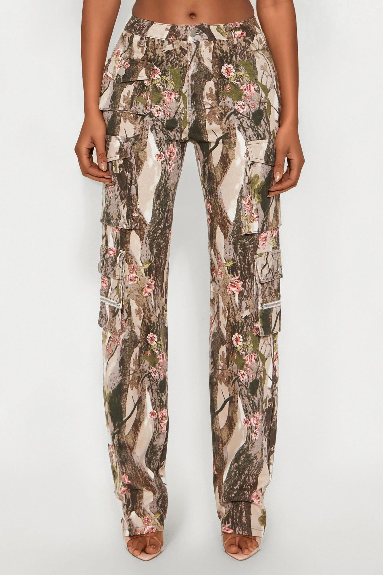 Tall By A Long Shot Floral Camo Stretch Cargo Jeans - Taupe/combo Female Product Image