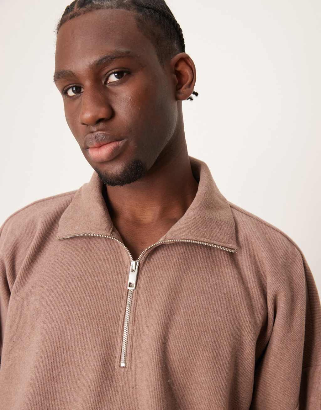 ASOS DESIGN super oversized boxy funnel neck sweatshirt in heavyweight brushed rib in brown Product Image