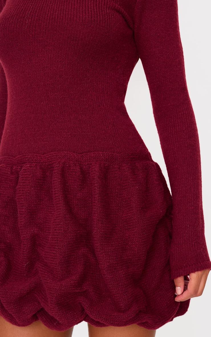 Burgundy High Neck Knitted Puffball Mini Dress Product Image