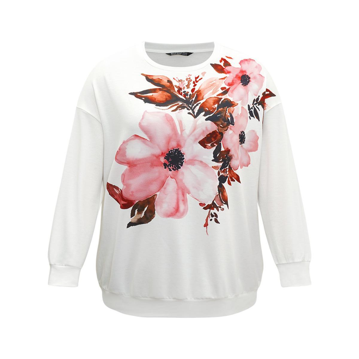 Plus Size Floral Round Neck Elastic Cuffs Sweatshirt Women White Casual Elastic cuffs Round Neck Dailywear Sweatshirts BloomChic 12/L Product Image