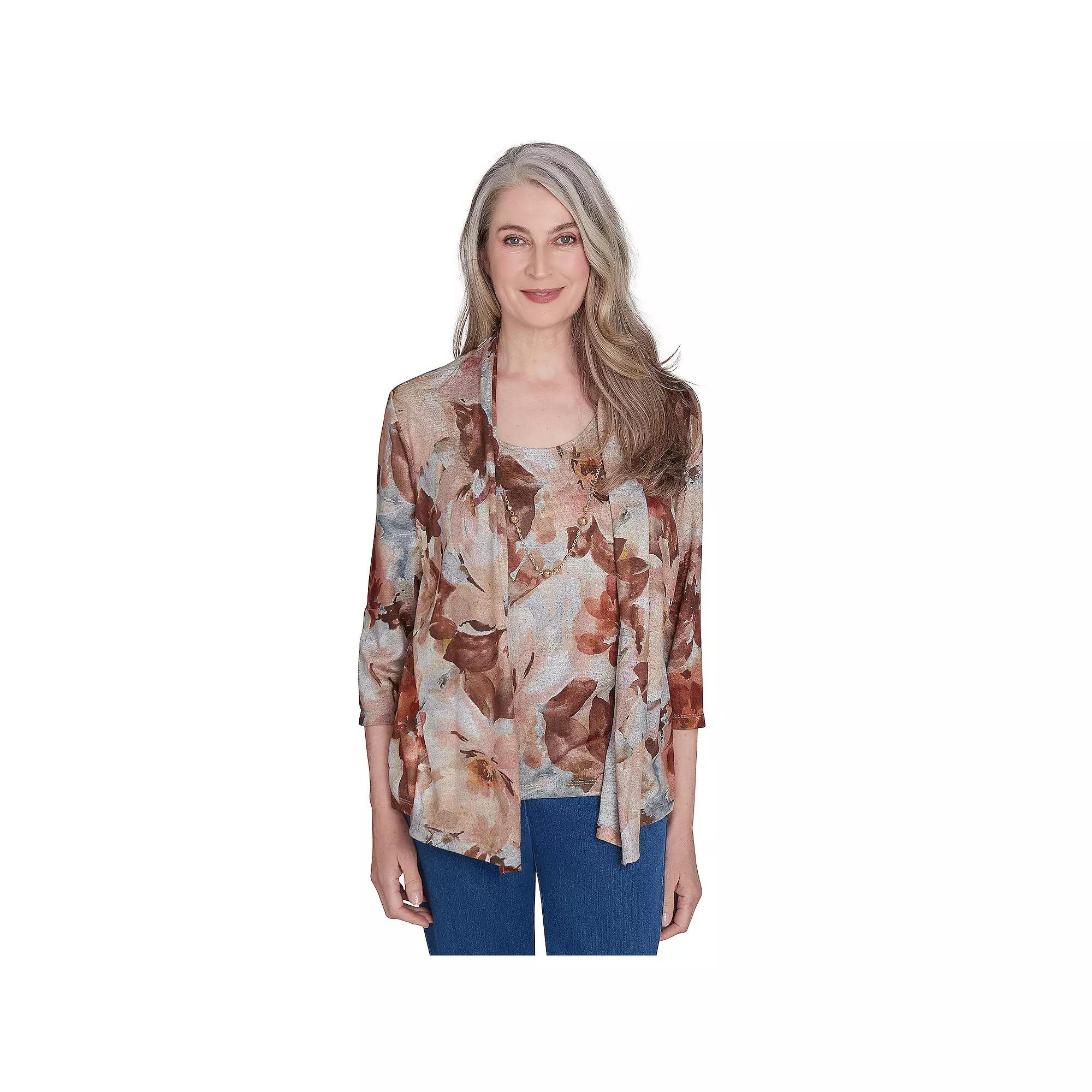 Petite Alfred Dunner Watercolor Floral Melange Two-in-One Top, Women's, Size: Large Petite, Neutral Product Image