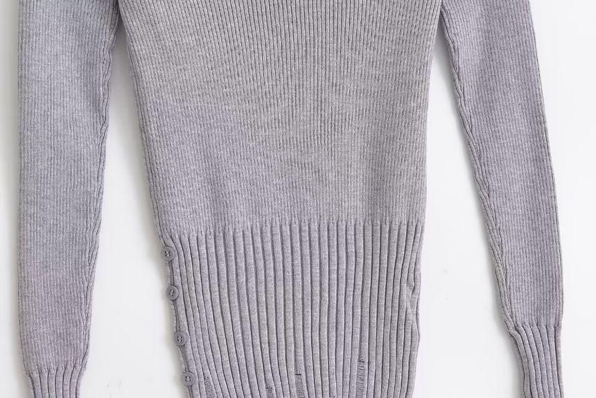 Off-Shoulder Long-Sleeve Plain Knit Top Product Image