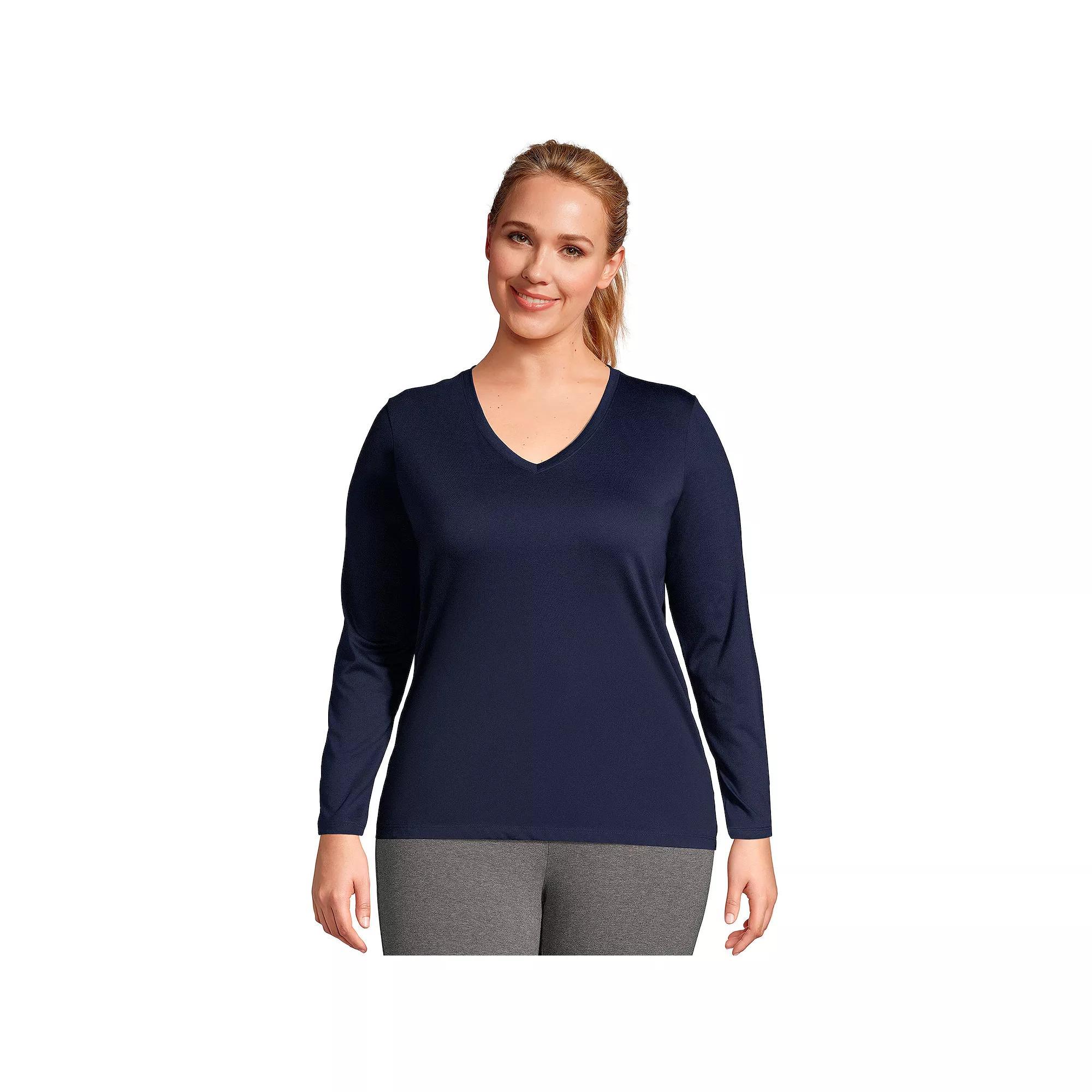 Plus Size Lands' End Long Sleeve Relaxed-Fit Supima Cotton V-Neck Tee, Women's, Size: 3XL, Black Product Image