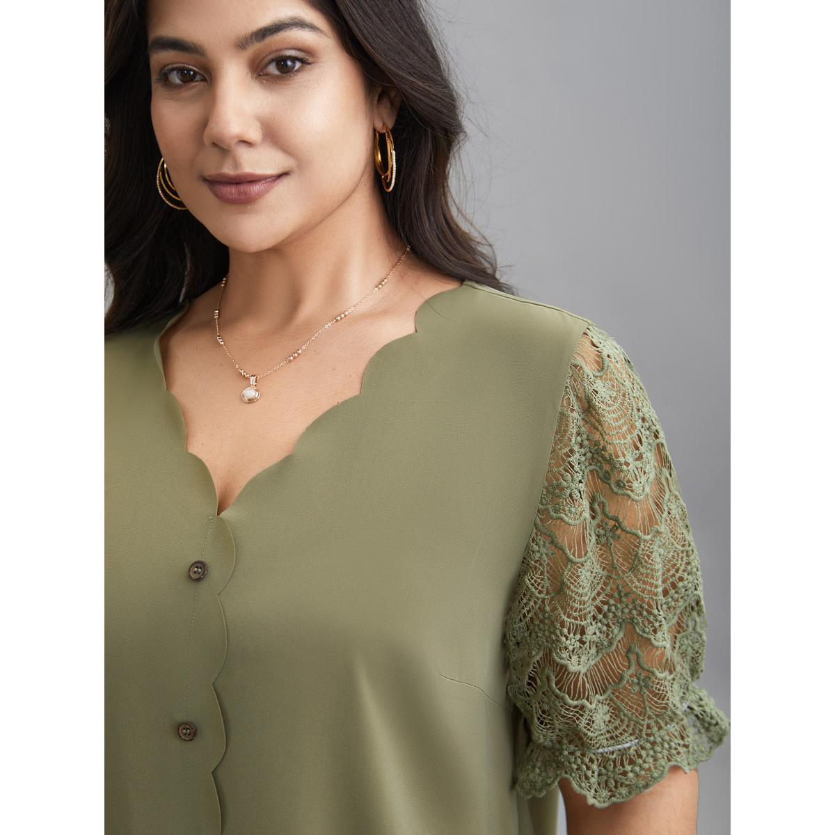 Plus Size Sage Lace Patchwork Scalloped Neck Front-Placket Blouse Women Elegant Half Sleeve V-neck Everyday Blouses BloomChic 30/6X Product Image