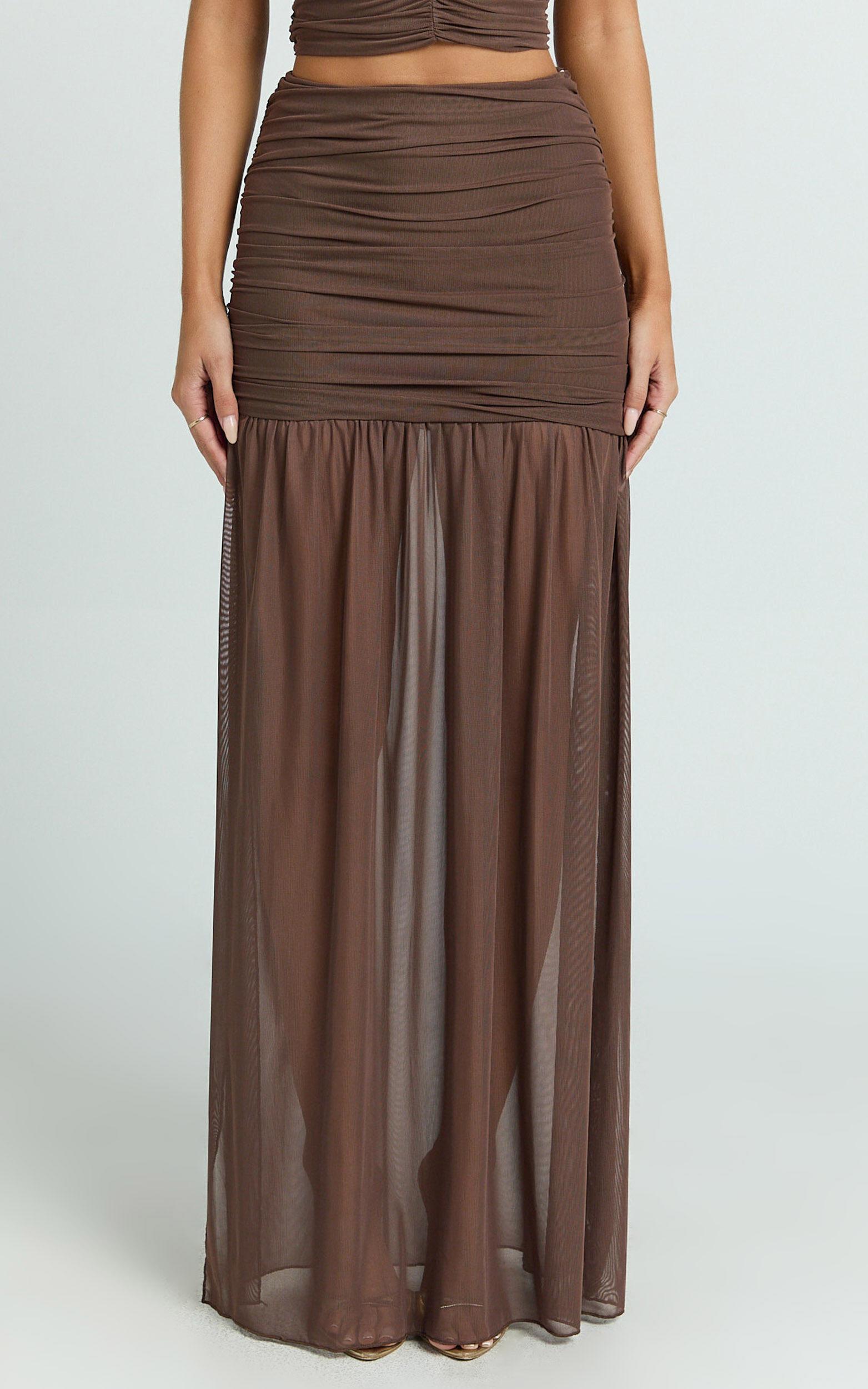 Ray Maxi Skirt - Mesh Ruched Side Split Maxi Skirt in Chocolate Product Image