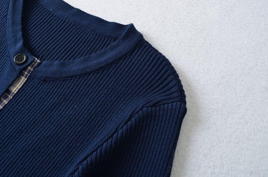 Mock Two-Piece Long-Sleeve Crew Neck Plaid Panel Button Ribbed Knit Top Product Image