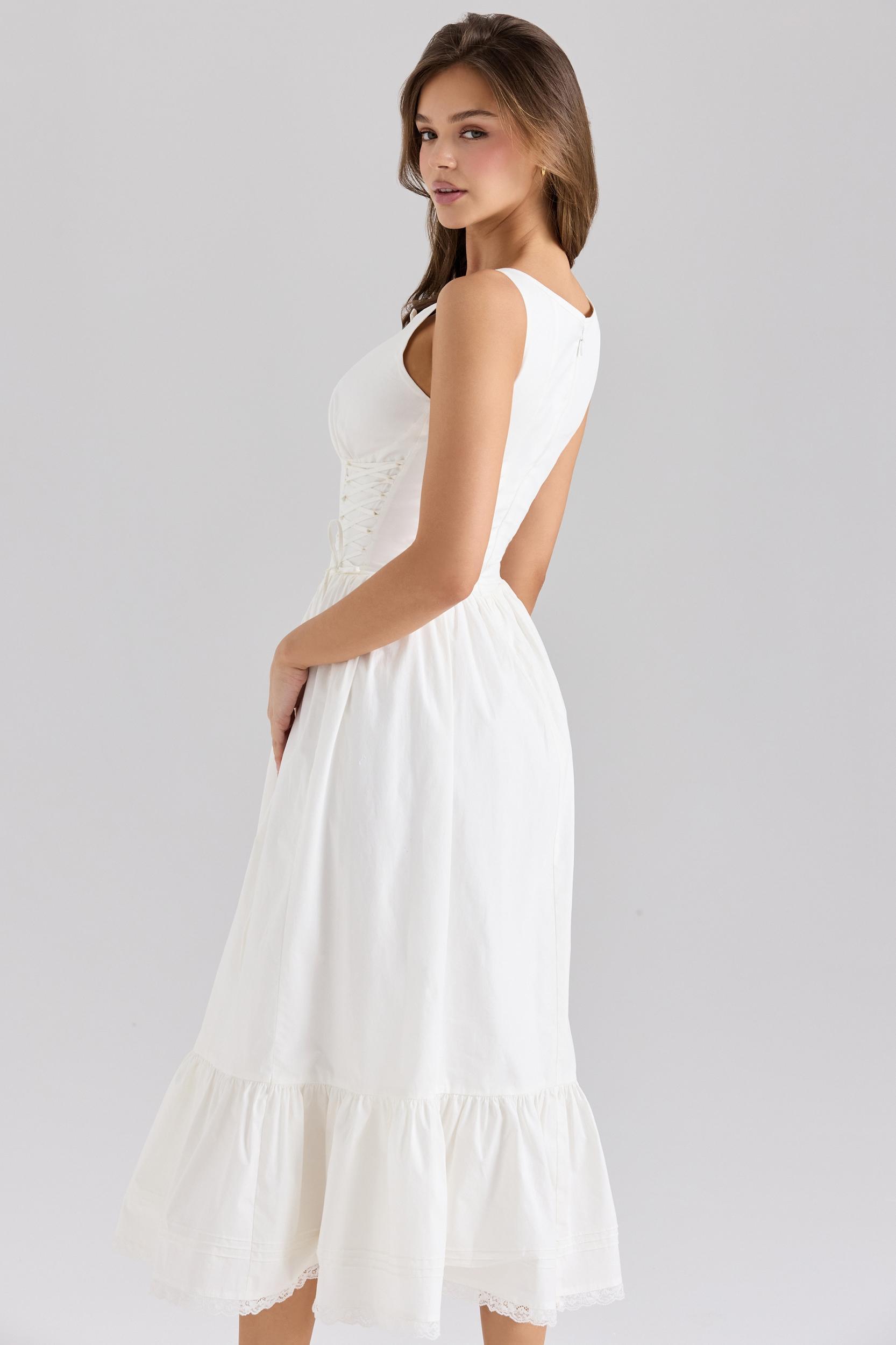 Sienna  white stretch cotton lace up midi dress Product Image