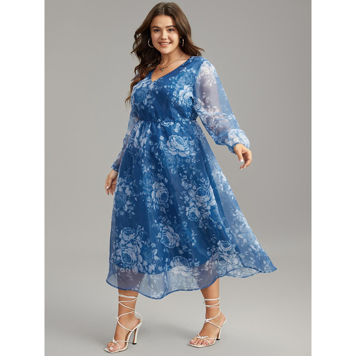 Plus Size Silhouette Floral Print Elastic Cuffs Mesh Dress Cerulean Women Elegant Elastic cuffs V-neck Long Sleeve Curvy Midi Dress BloomChic 28/5X Product Image