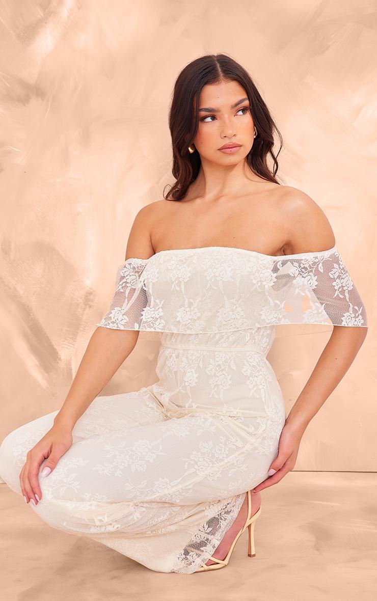 Butter Cream Shimmer Floral Lace Bardot Jumpsuit Product Image