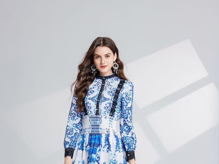 Long Sleeve Stand Collar Patterned Print Panel Lace Mini A-Line Dress Product Image